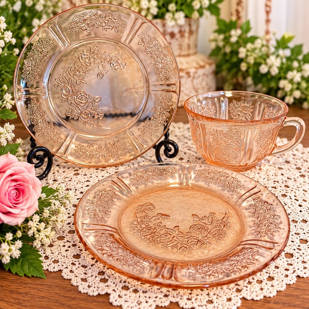 Jeannette Glass Pink Cherry Blossom Depression Glass Tea Cup and 2 Plates Set
